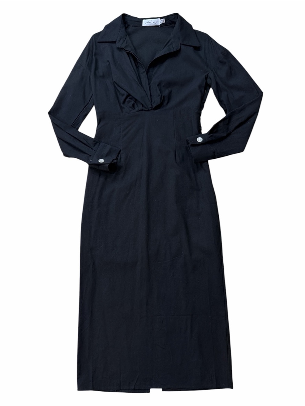 Petal & Pup Linen Blend Black Long Sleeve Collared Midi Dress
